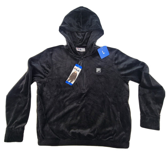 New Fila Hoodie Womens Large Black Velvet 1/4 Zip Hooded Pullover Sweatshirt NWT - Picture 1 of 15